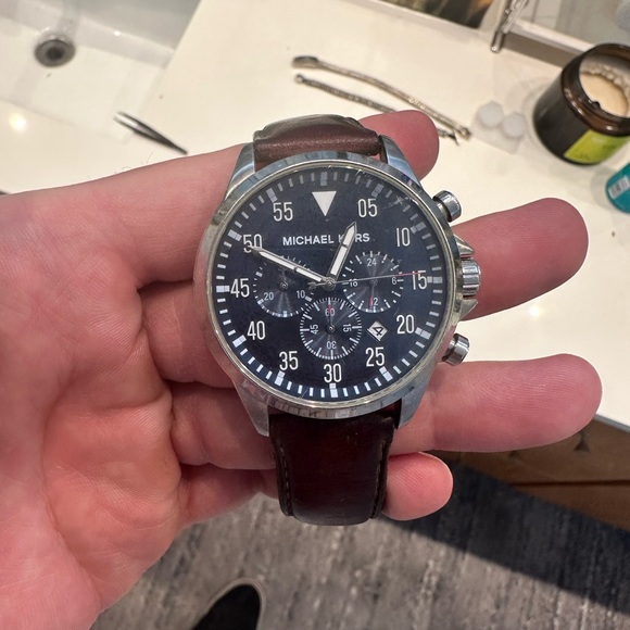 Michael Kors Men's Gage Brown Leather Blue Chronograph Watch - Picture 1 of 6